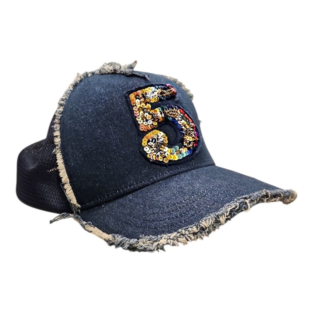 YOSHINORI KOTAKE DESIGN | Sequin “5” Distressed Denim Trucker Cap